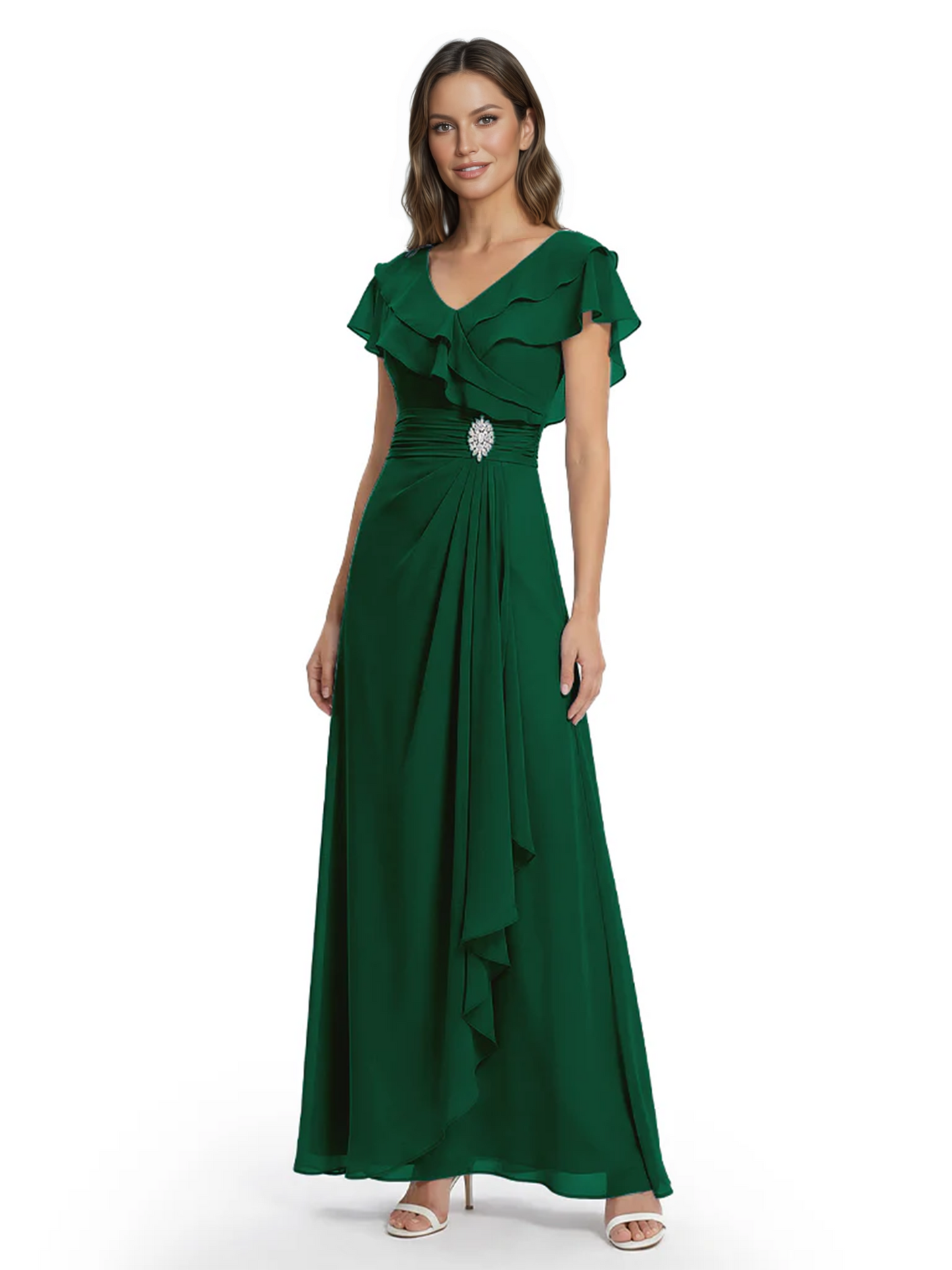 Elegant Mother of the Groom Dress Cascading Ruffle Chiffon Formal Gown Rhinestone