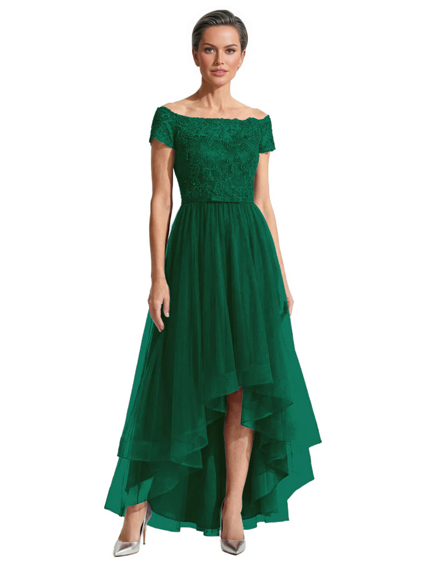 Formal High-Low Mother of the Bride Gown Short Sleeve Lace Maxi Dress with Tiered Skirt