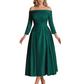 Off Shoulder Mother of the Bride Dress Tea-Length Satin Gown with Lace Applique