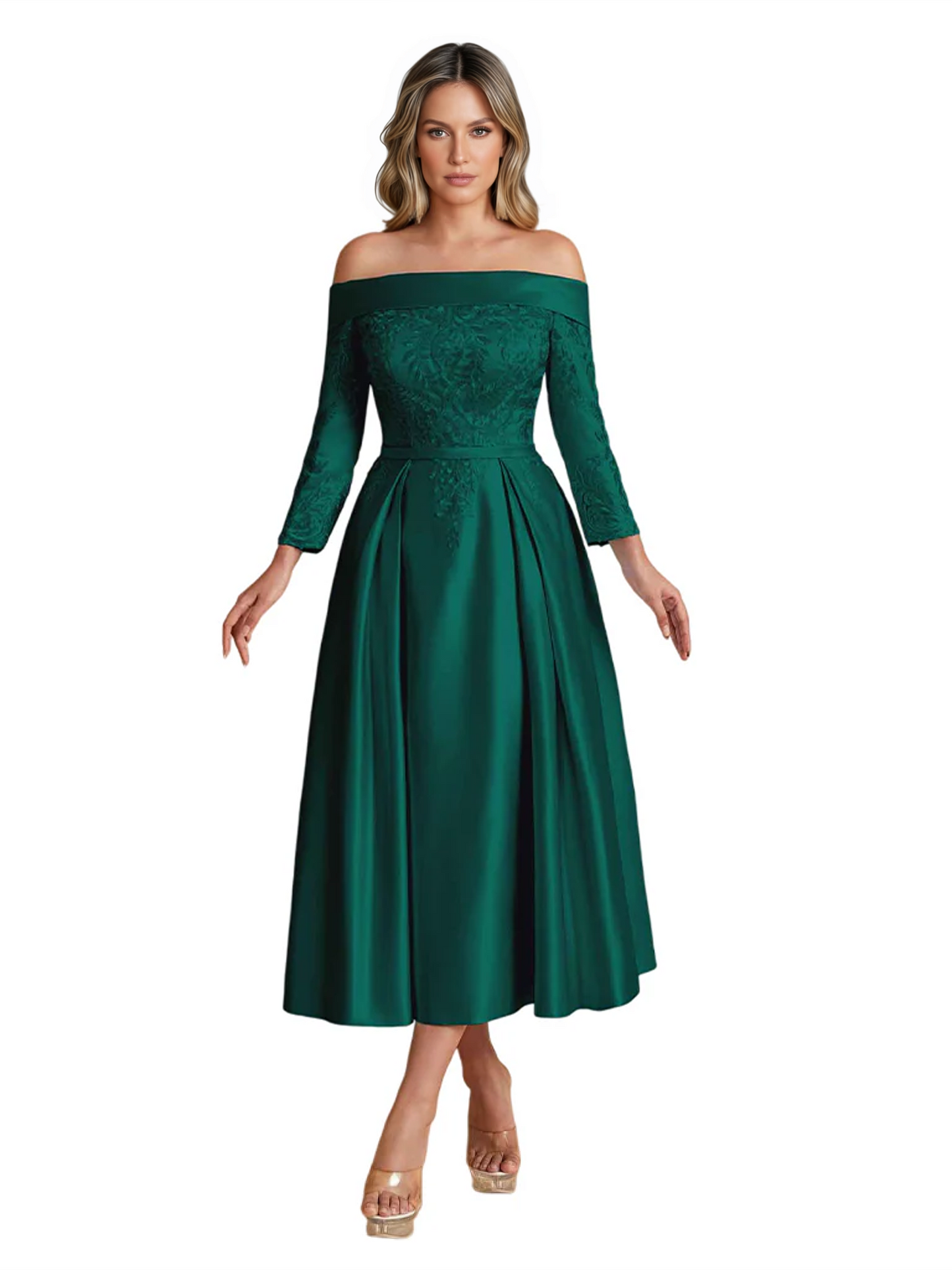 Off Shoulder Mother of the Bride Dress Tea-Length Satin Gown with Lace Applique