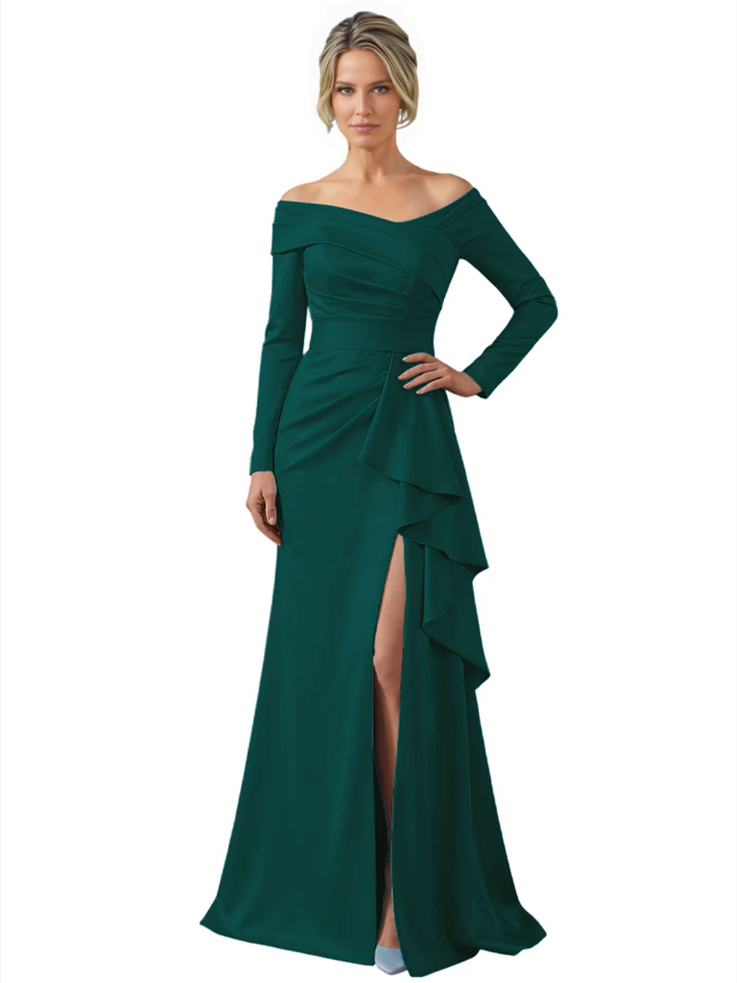 Elegant Mother of the Groom Dress Cascading Ruffle Satin Gown with High Slit Long Sleeves