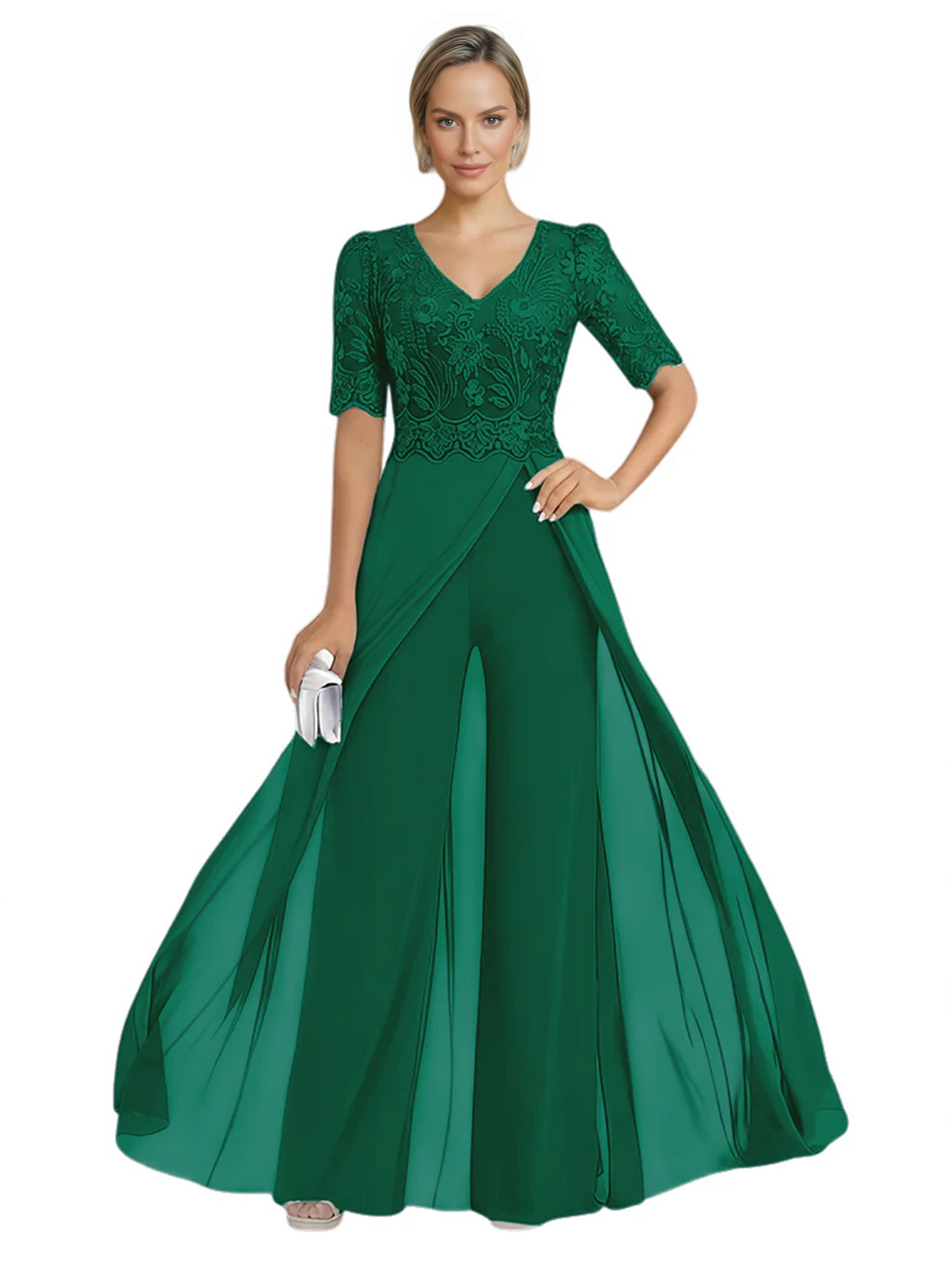 V-Neck Chiffon Mother of the Brides Jumpsuits Dresses Floor Length A-Line Lace