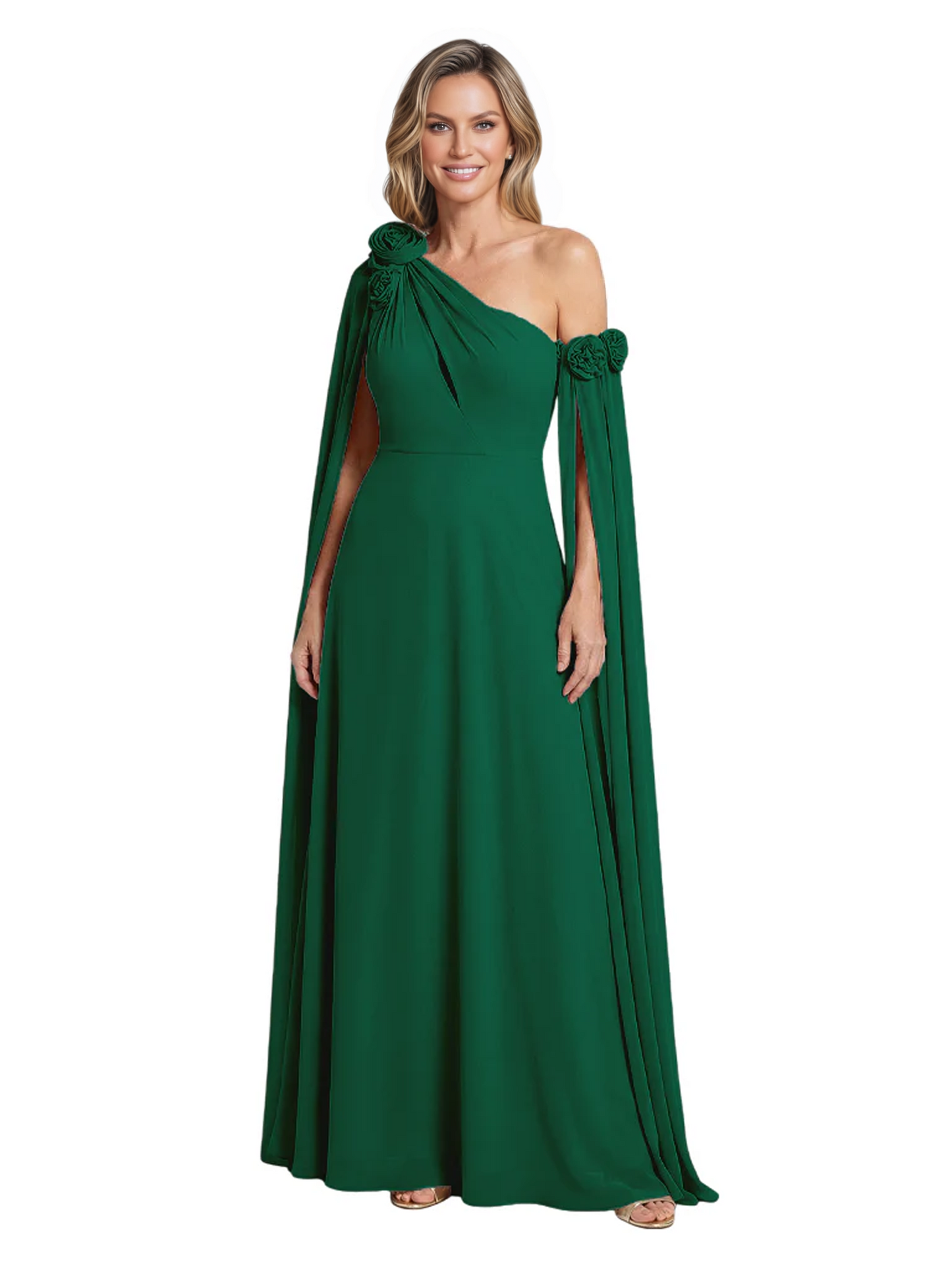 One Shoulder Mother of the Bride Dress Asymmetrical Cape Sleeve Gown with Floral