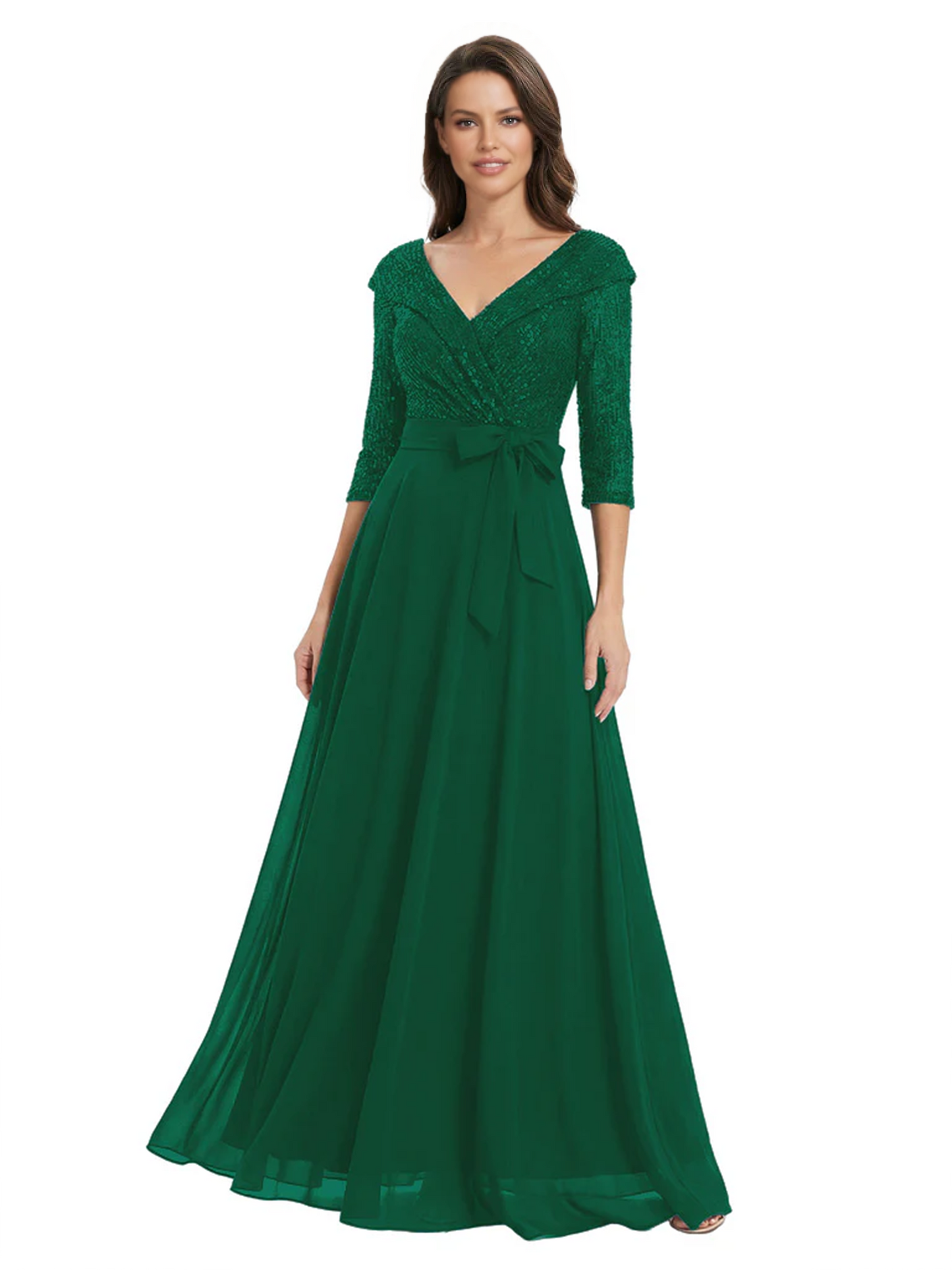 Chiffon Mother of the Bride Dress with Sequin V-Neck and Elegant Bow Sash
