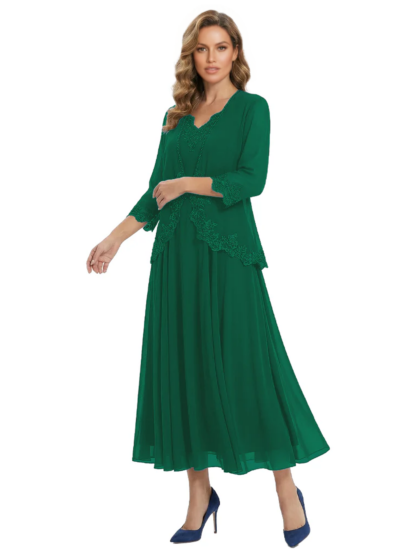 3/4 Sleeve Chiffon Mother of the Brides Dresses V-Neck Wedding Party Gowns