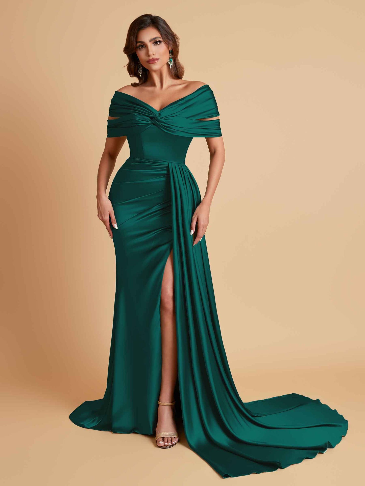 Elegant Soft Satin V-neck Off-the-Shoulder Side-Slit Mermaid Bridesmaid Dresses
