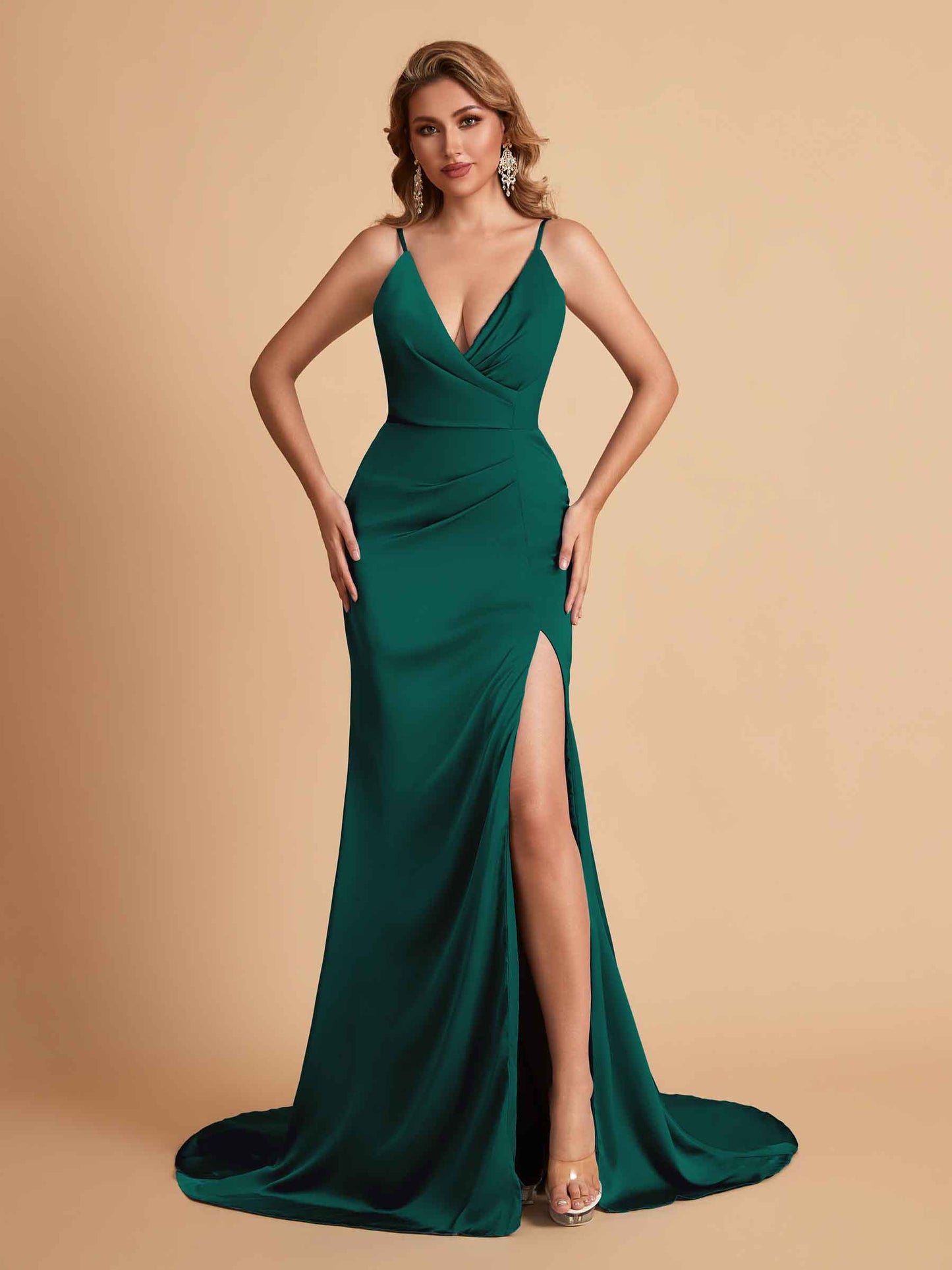 Elegant Satin Spaghetti Straps V-Neck Mermaid Side Slit Floor Length Bridesmaid Dresses