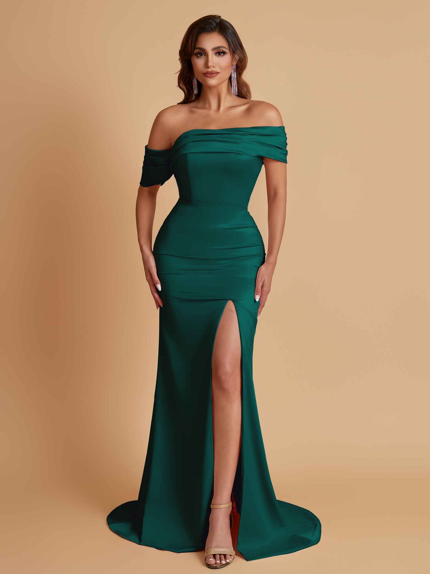 Elegant Soft Satin Mermaid Off Shoulder Asymmetrical Side Slit Floor-Length Bridesmaid Dresses