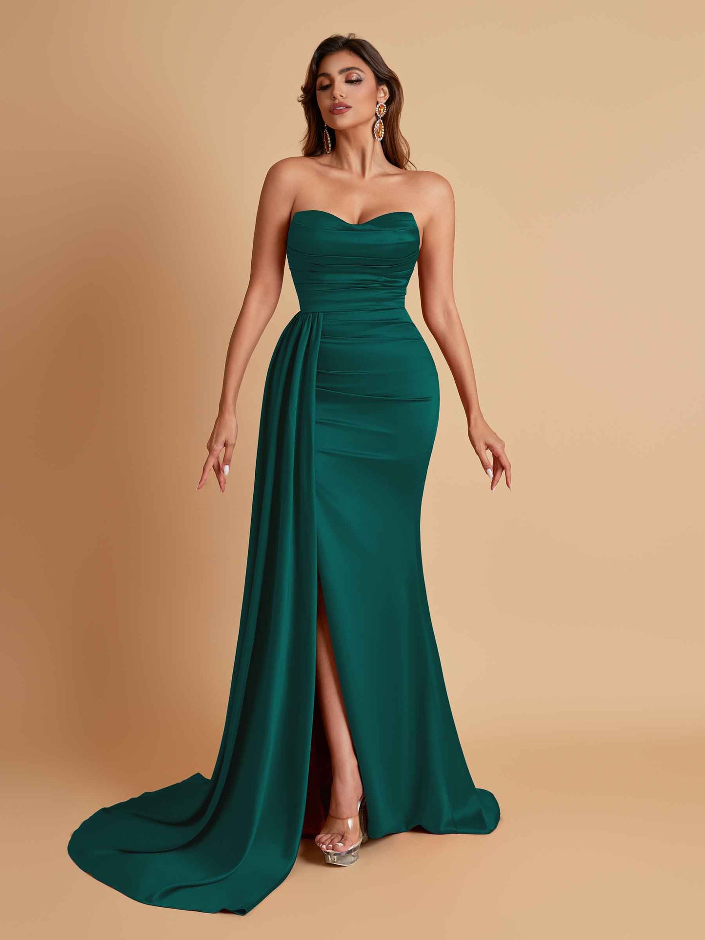 Elegant Soft Satin Sweetheart Strapless Side-Slit Mermaid Bridesmaid Dresses