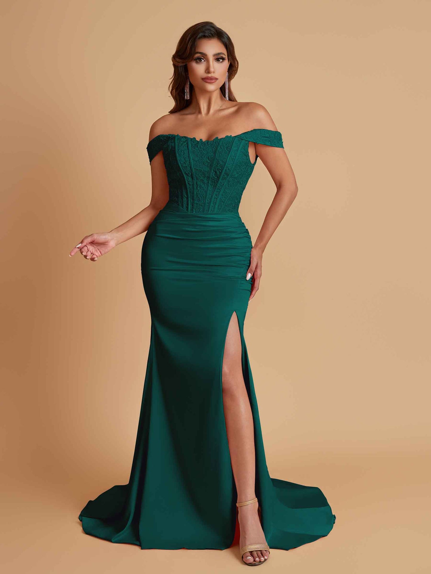 Elegant Soft Satin Mermaid Off Shoulder Side Slit Floor-Length Mermaid Bridesmaid Dresses