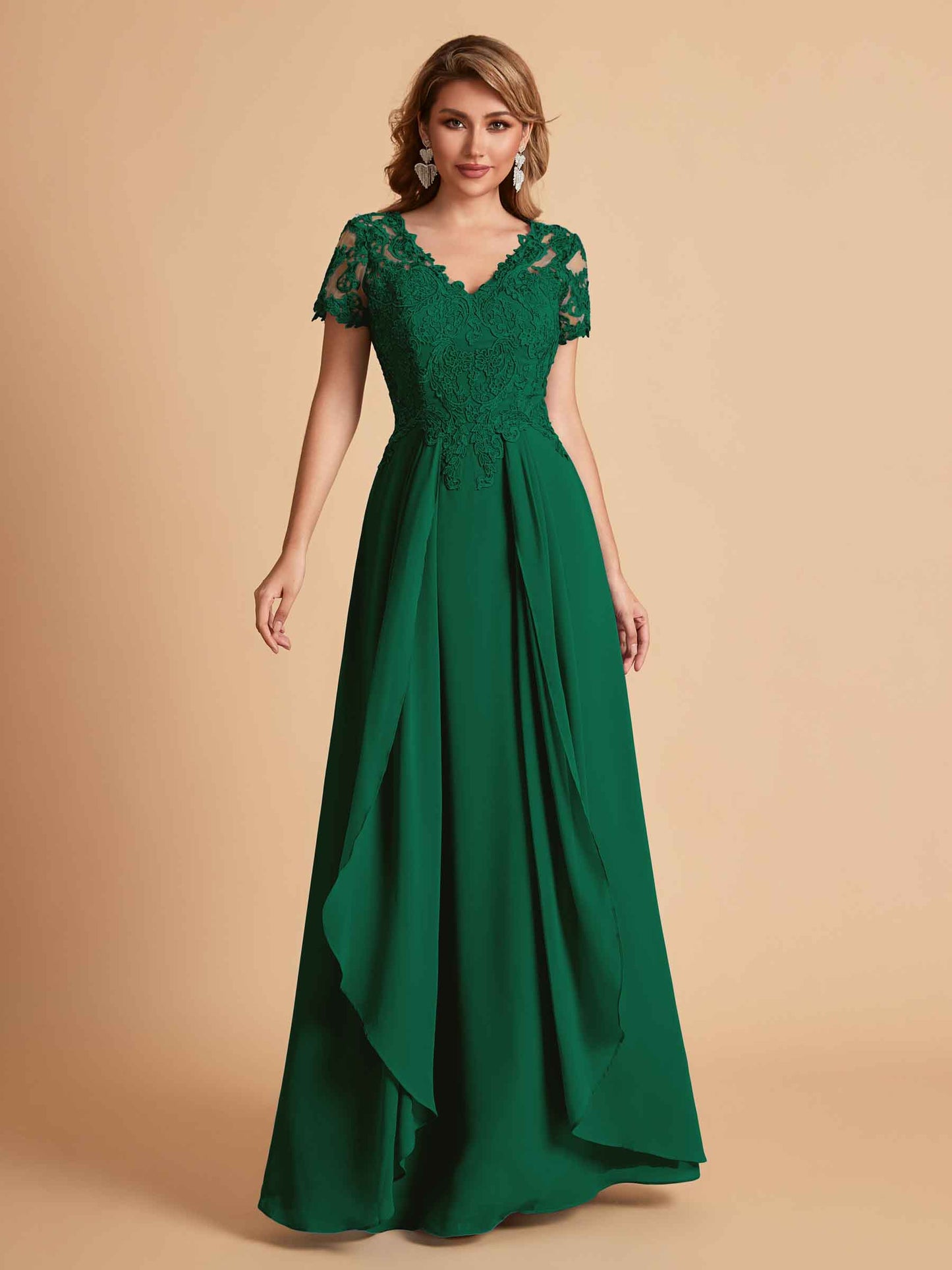 Elegant A-Line Chiffon Short Sleeves V-neck Mother of the Brides Dresses Lace Top MOB Dresses