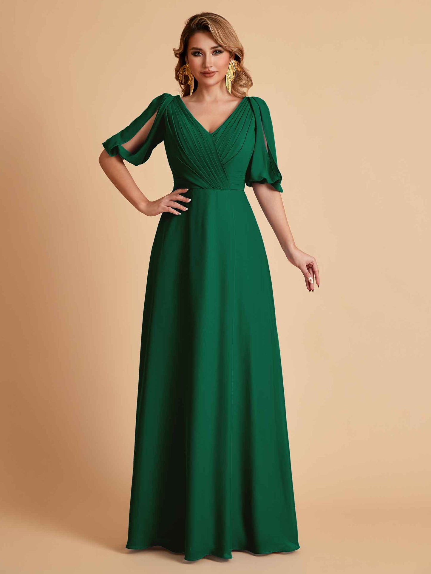 Elegant A-Line Chiffon Half Sleeves V-Neck Mother of the Brides Dresses Online