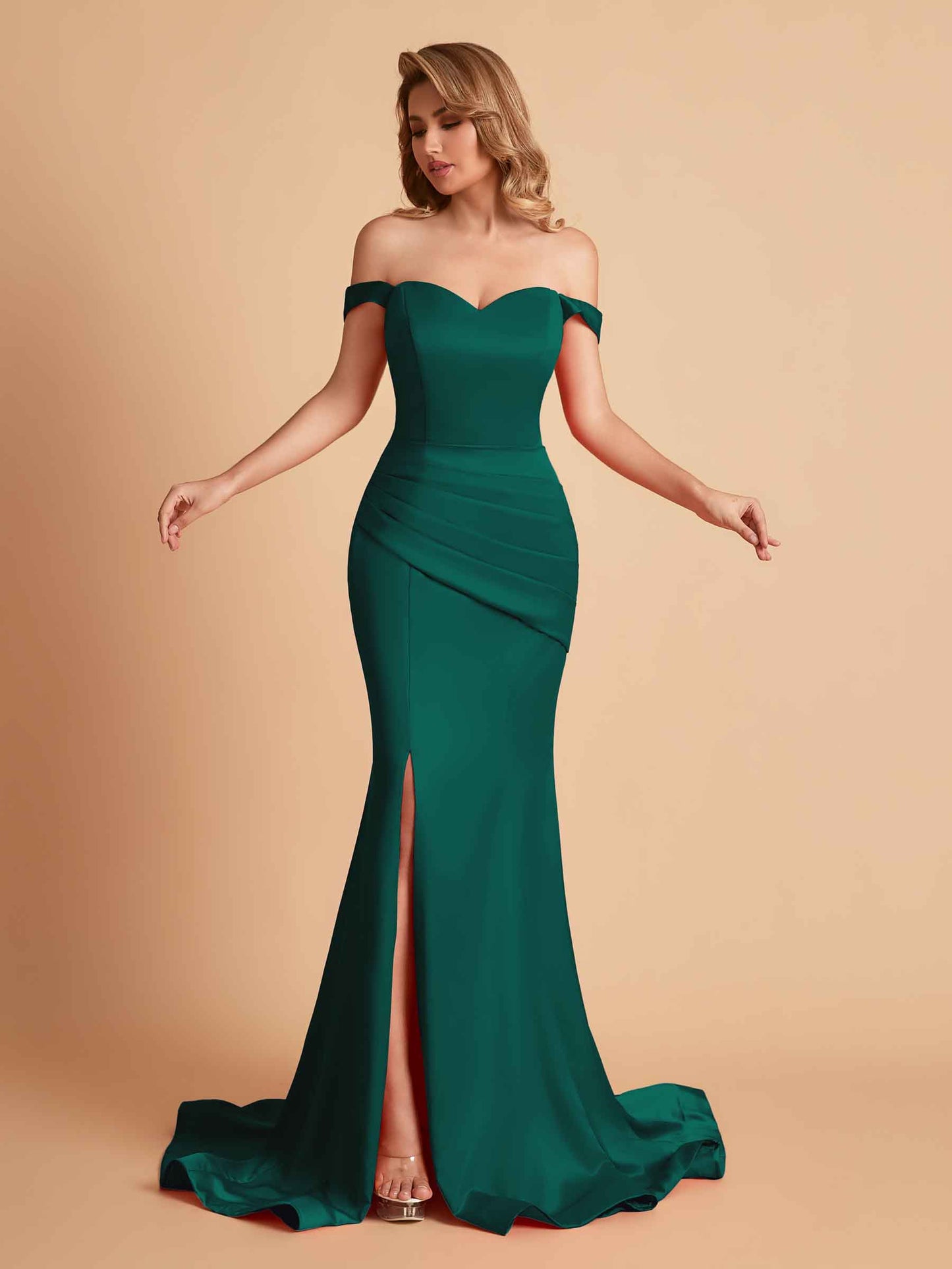 Elegant Satin Off the Shoulder Mermaid Side Slit Floor Length Bridesmaid Dresses