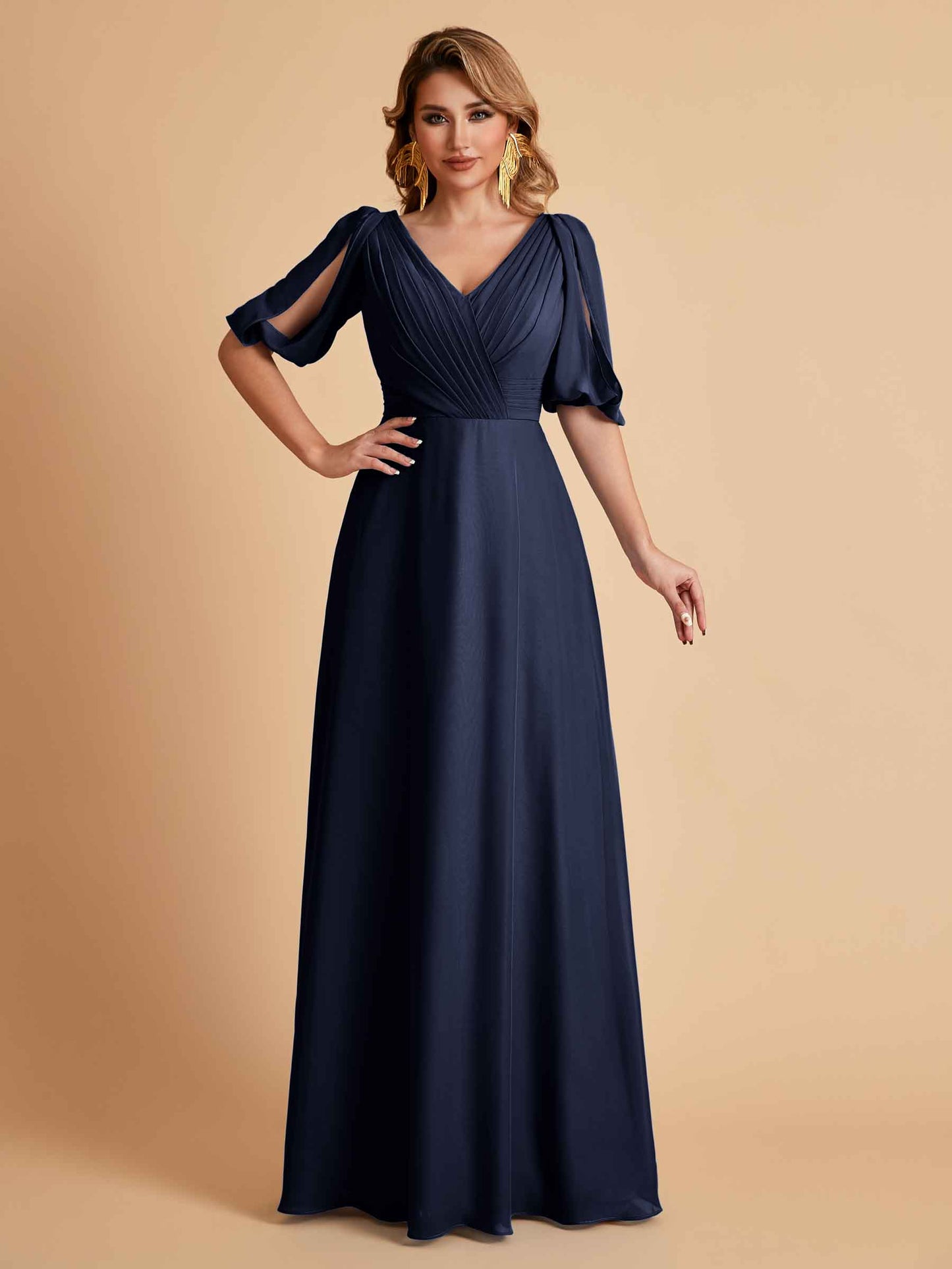 Elegant A-Line Chiffon Half Sleeves V-Neck Mother of the Brides Dresses Online