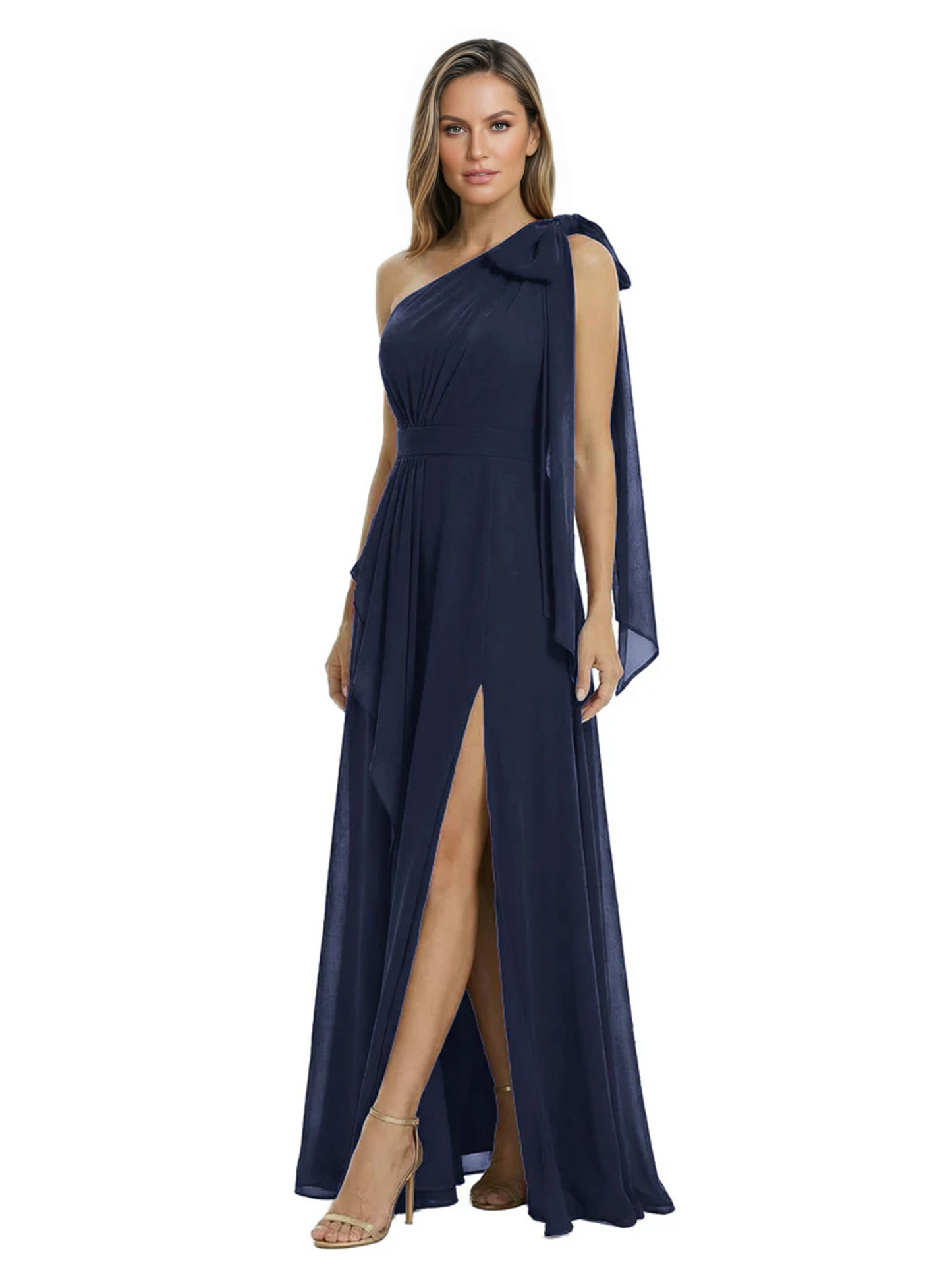 One-Shoulder Mother of the Bride Dress Chiffon Gown with Long Sash Detail
