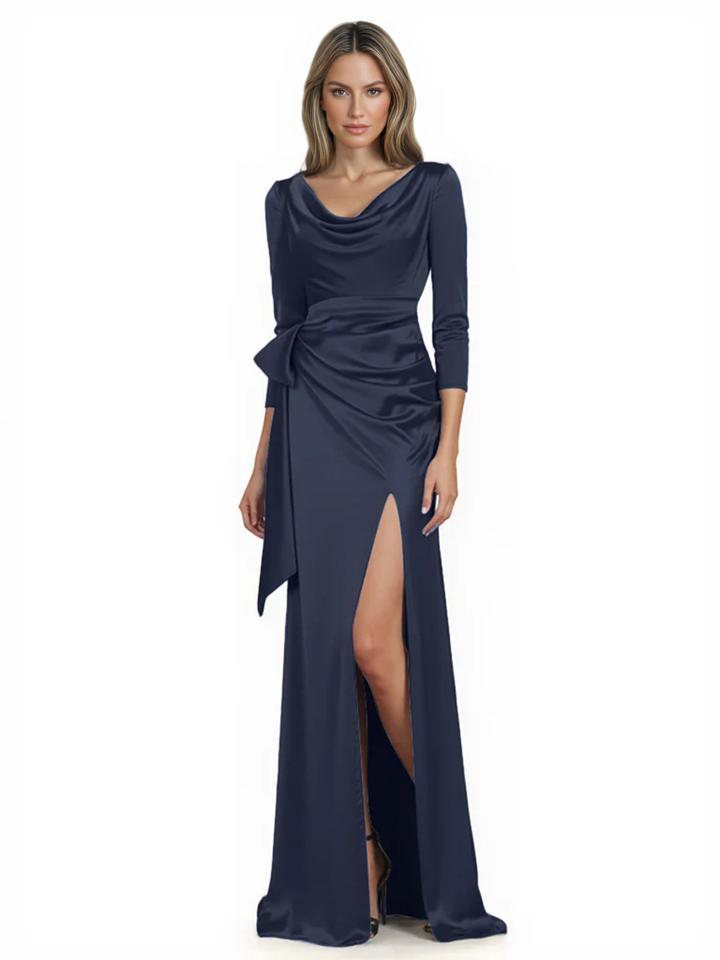 Elegant Evening Gowns Slit Trending Styles Satin Slit Formal Dress Cowl Neckline Gown Tie