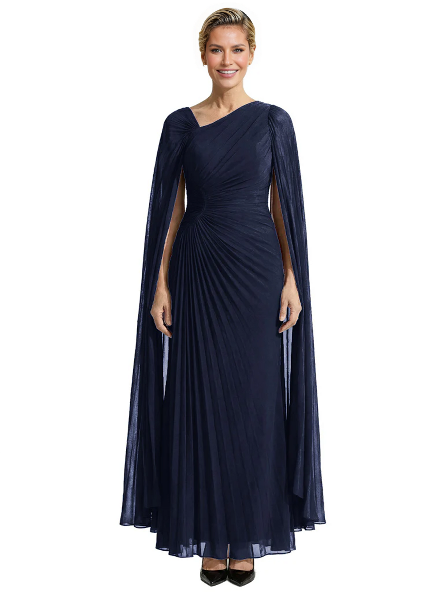 Elegant Asymmetric Neck Long A-Line Chiffon Mother of the Brides Dresses Mom Outfit with Cape