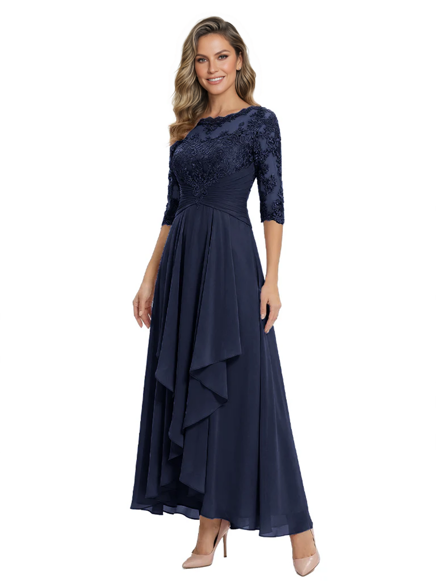 3/4 Sleeve Mother of the Bride Dress with Lace Embroidery High-Low Hem 2026