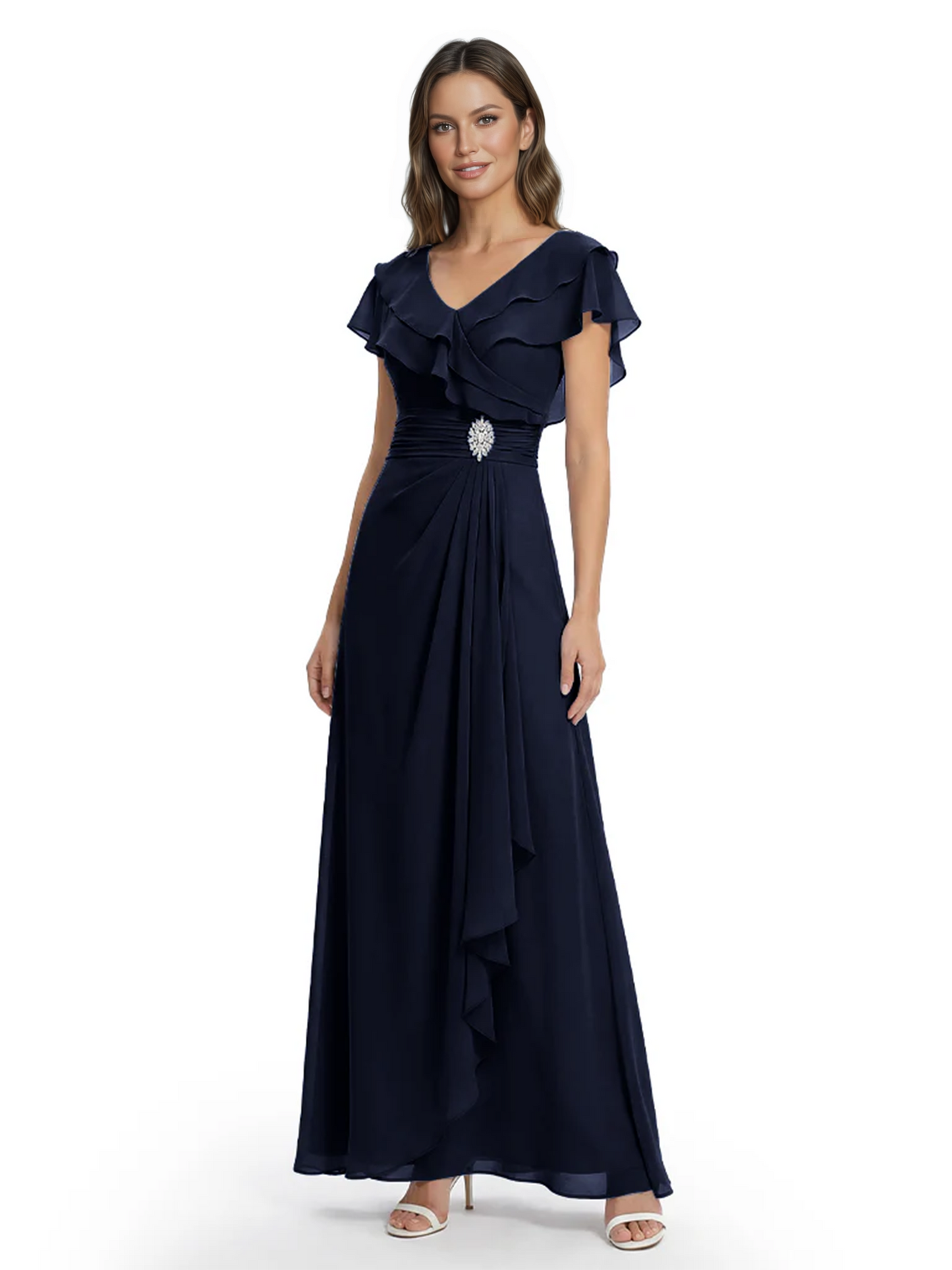 Elegant Mother of the Groom Dress Cascading Ruffle Chiffon Formal Gown Rhinestone