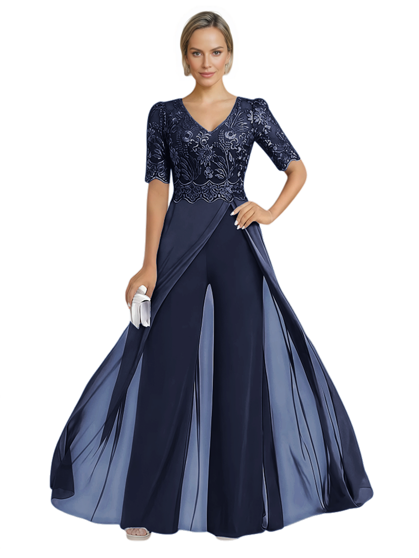 V-Neck Chiffon Mother of the Brides Jumpsuits Dresses Floor Length A-Line Lace