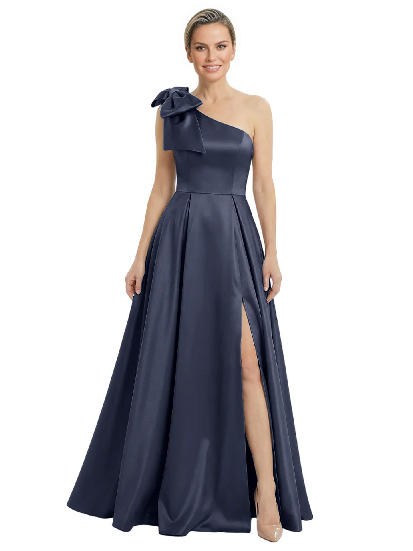 Luxury Bow Black Formal Dress One-Shoulder A-Line Gowns with Sexy Side Slit 2026