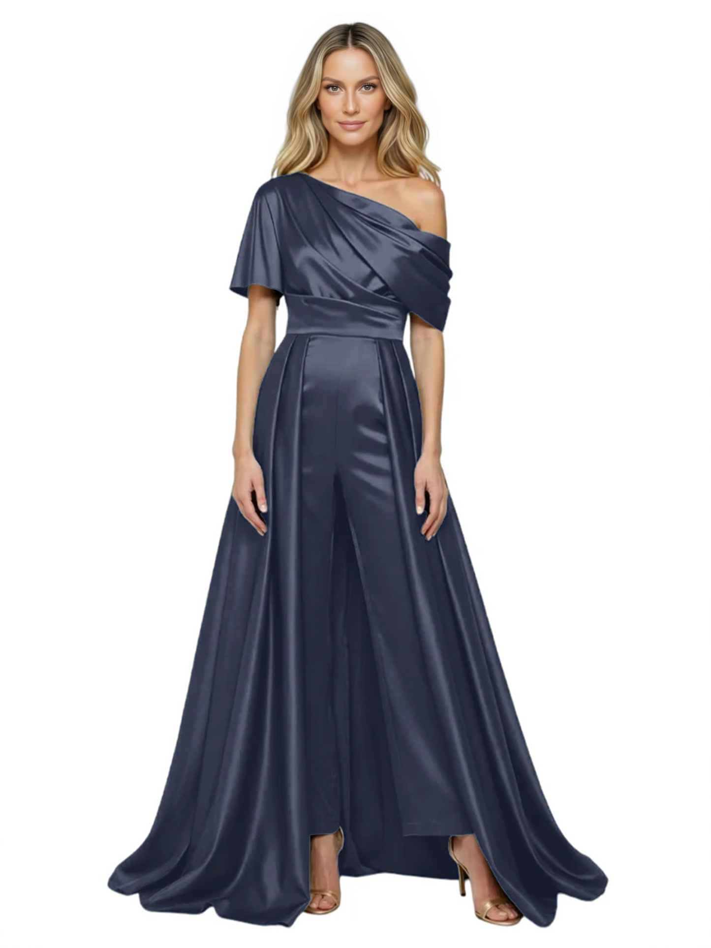 One Shoulder Mother of Bride jumpsuits Formal Gowns Floor Length Detachable Train