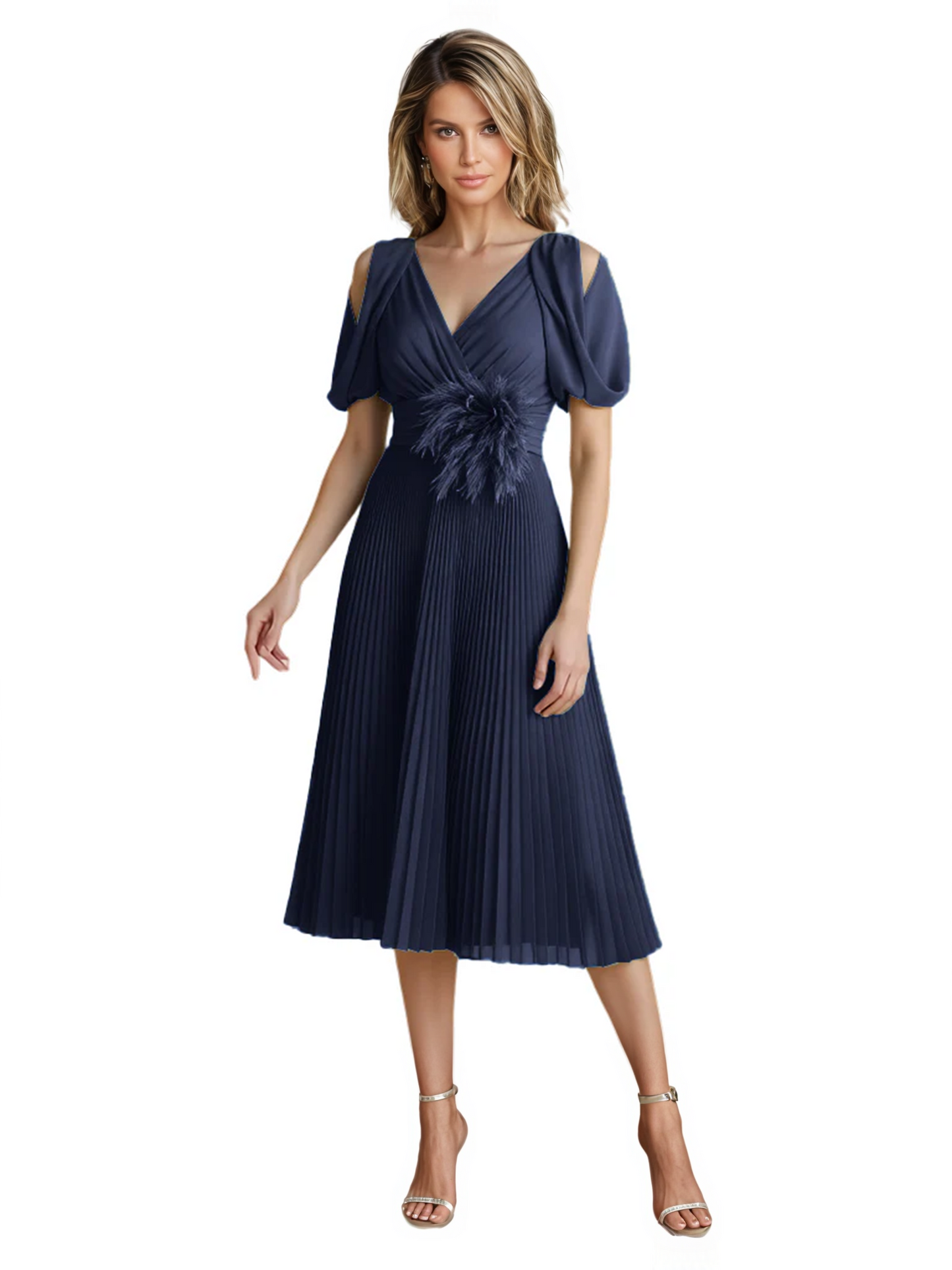 Wedding Formal Dress V-Neck Pleated Chiffon Gown with 3D Flower Accent Knee Length