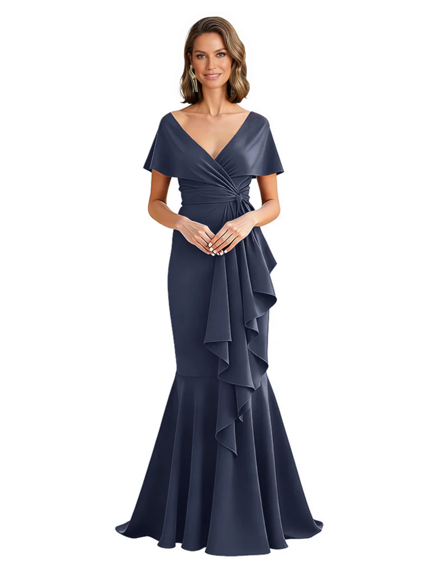 Satin Mother of the Bride Dress with Cascading Ruffles and Mermaid Tail V-Neck