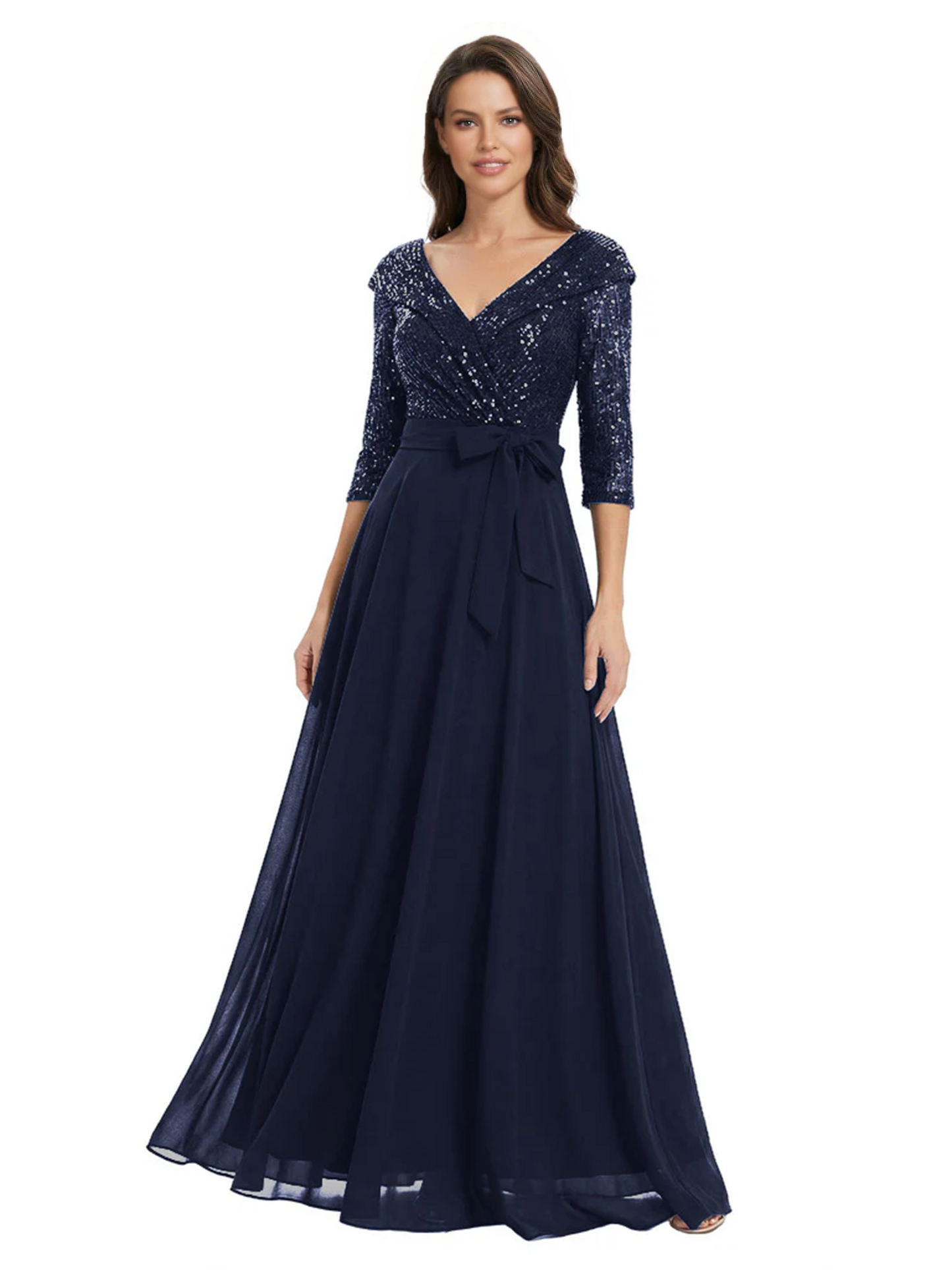 Chiffon Mother of the Bride Dress with Sequin V-Neck and Elegant Bow Sash