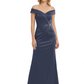 Off Shoulder Mother of the Bride Dress Beaded Waist Satin Gown Portrait Neckline