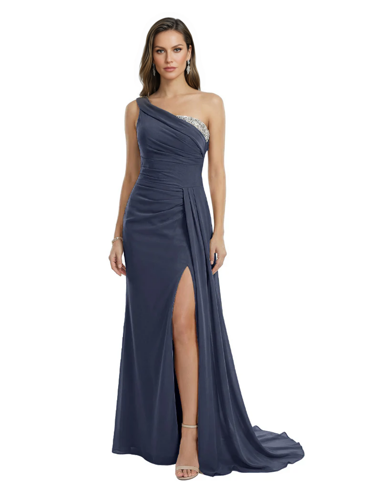 One Shoulder Mother of Bride Dress Ruffle Formal Gowns Mermaid Floor Length Train Slit