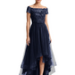 Formal High-Low Mother of the Bride Gown Short Sleeve Lace Maxi Dress with Tiered Skirt