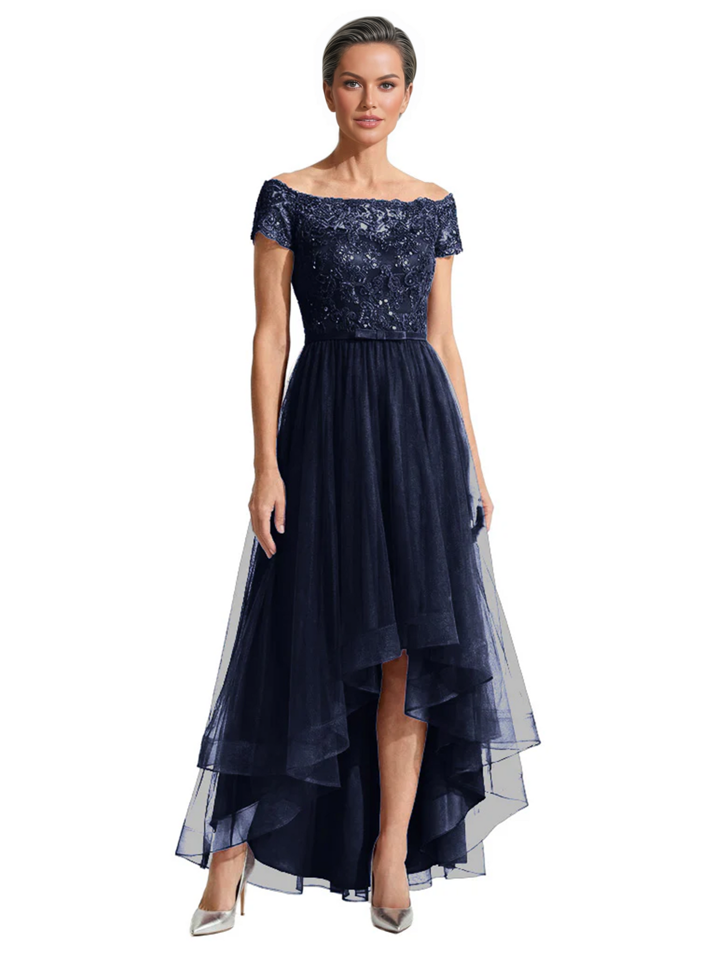 Formal High-Low Mother of the Bride Gown Short Sleeve Lace Maxi Dress with Tiered Skirt