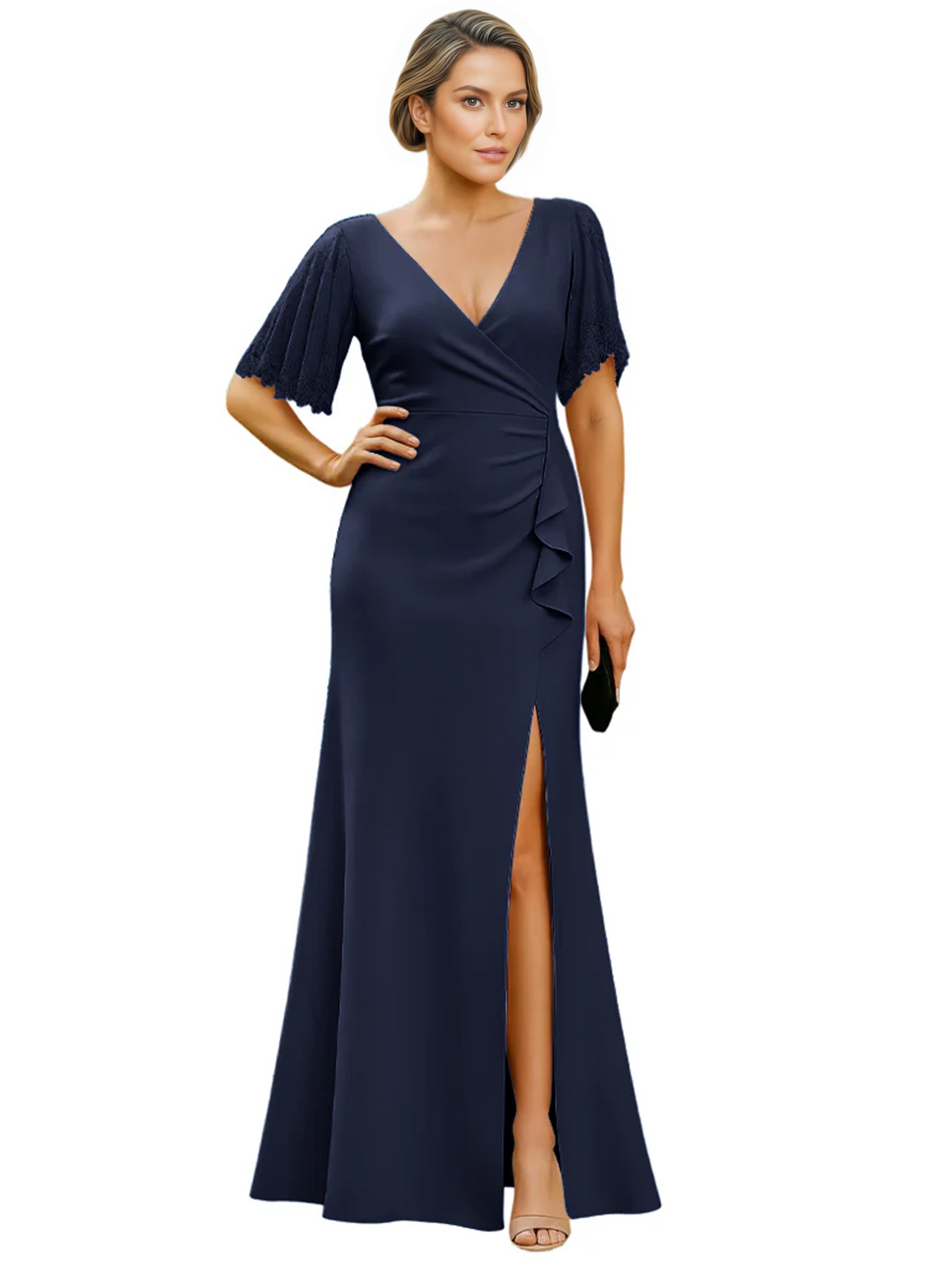 Elegant Evening Gown Trending V-Neck & Ruffle Detail Mother of Bride Outfits Slit