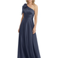 One-Shoulder Mother of the Bride Dress Satin Gown with Bow Ruched Empire Waist