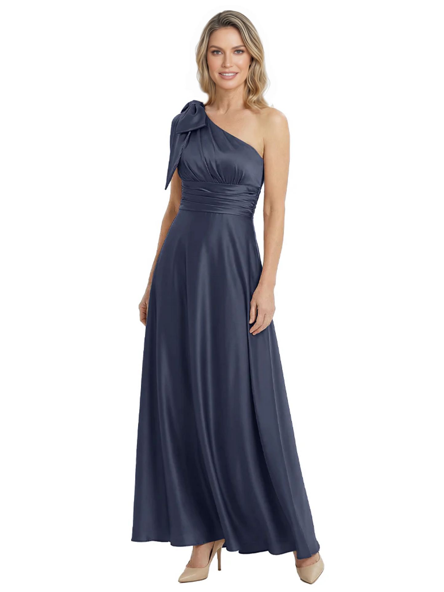 One-Shoulder Mother of the Bride Dress Satin Gown with Bow Ruched Empire Waist