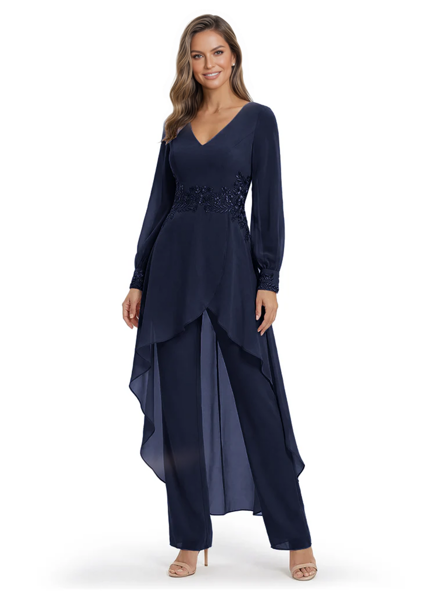 Luxury Black Formal Trousers Set High-Low Chiffon Top with Sparkling Beaded Detail