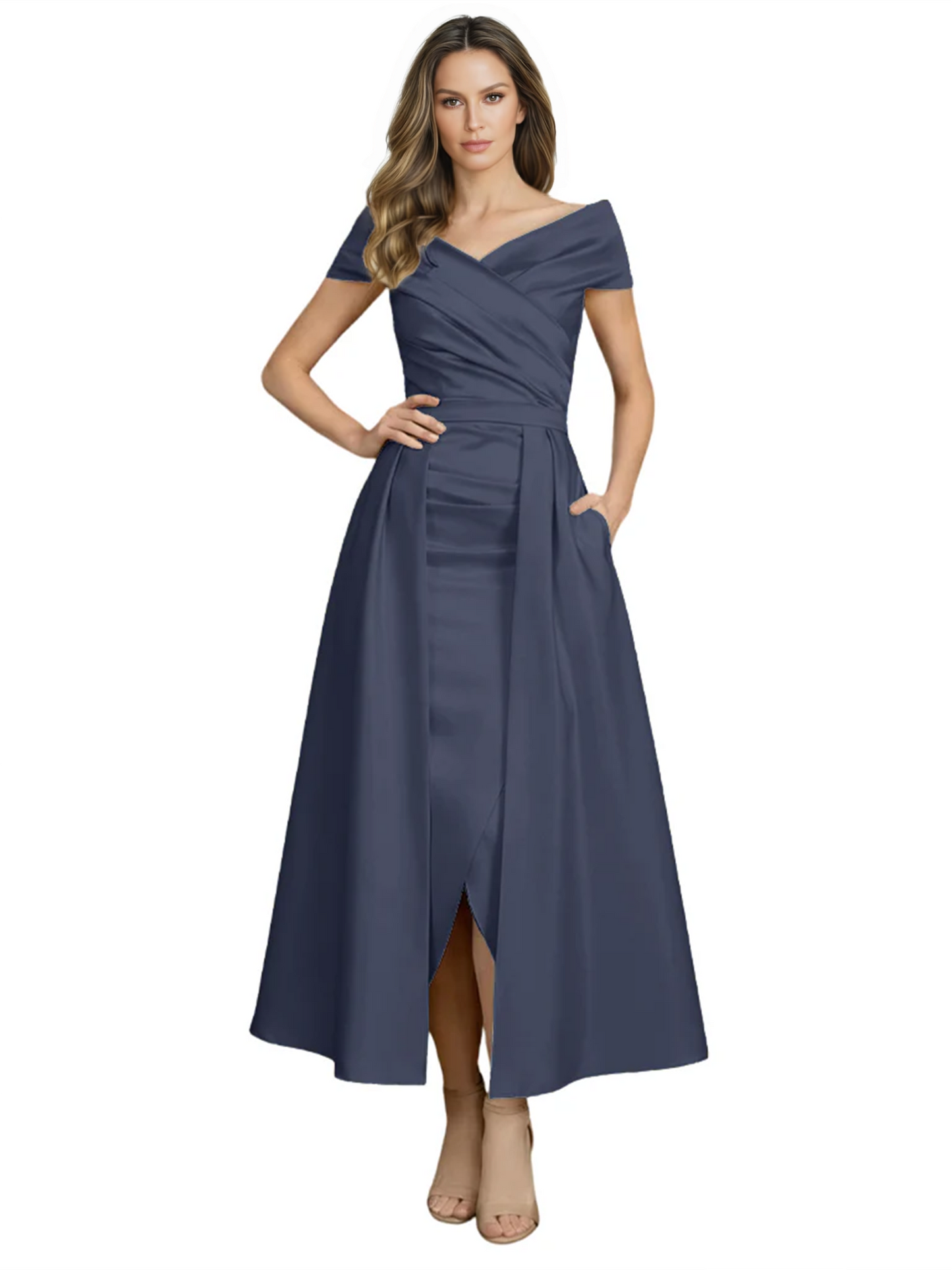 Formal Floor-Length Mother of the Bride Gown Satin Maxi Dress with Slit Off Shoulder