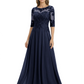Illusion Neck Mother of the Bride Dress Half Sleeve Lace Applique Gowns Chiffon