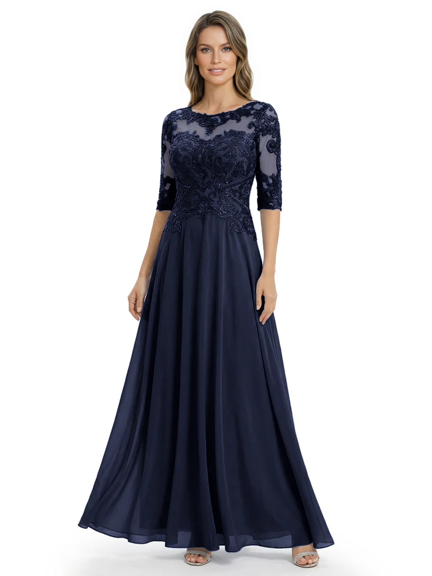 Illusion Neck Mother of the Bride Dress Half Sleeve Lace Applique Gowns Chiffon