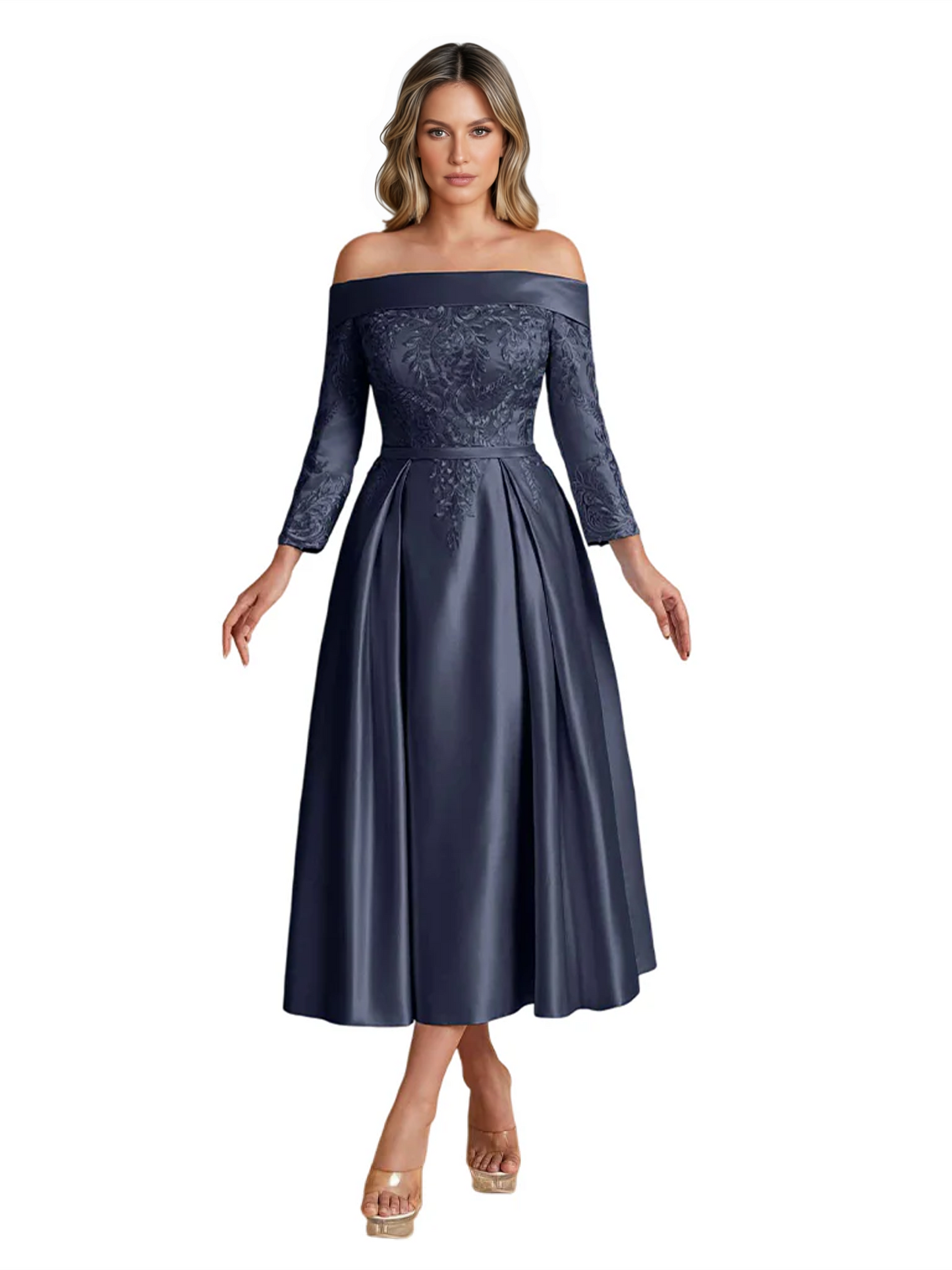 Off Shoulder Mother of the Bride Dress Tea-Length Satin Gown with Lace Applique