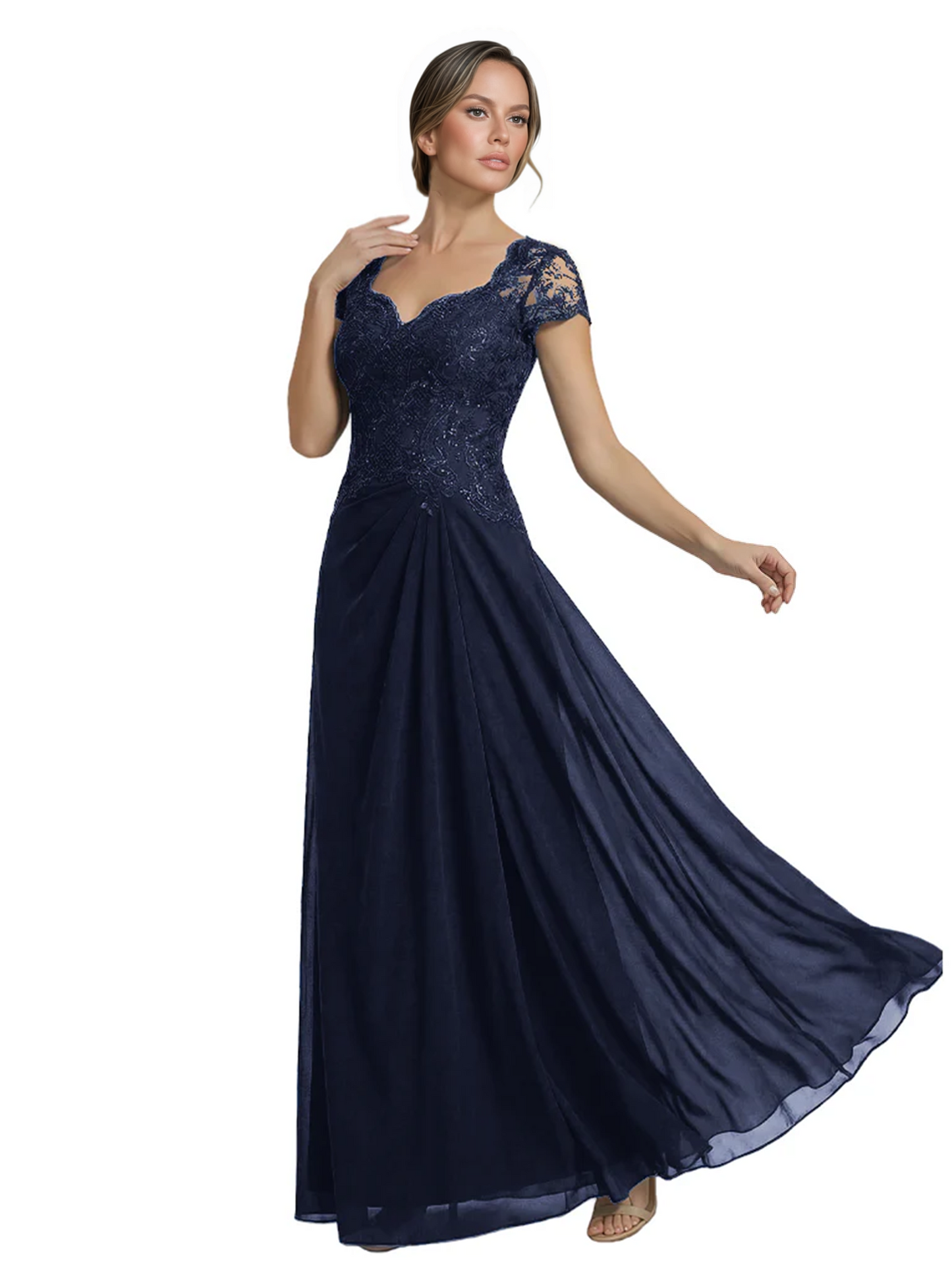 Long A-line Chiffon Short Sleeves Mother of the Brides Dresses Lace Wedding