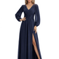 A-Line Mother of Bride Dress V-Neck Chiffon Gown Long Sleeves Slit Formal Dress