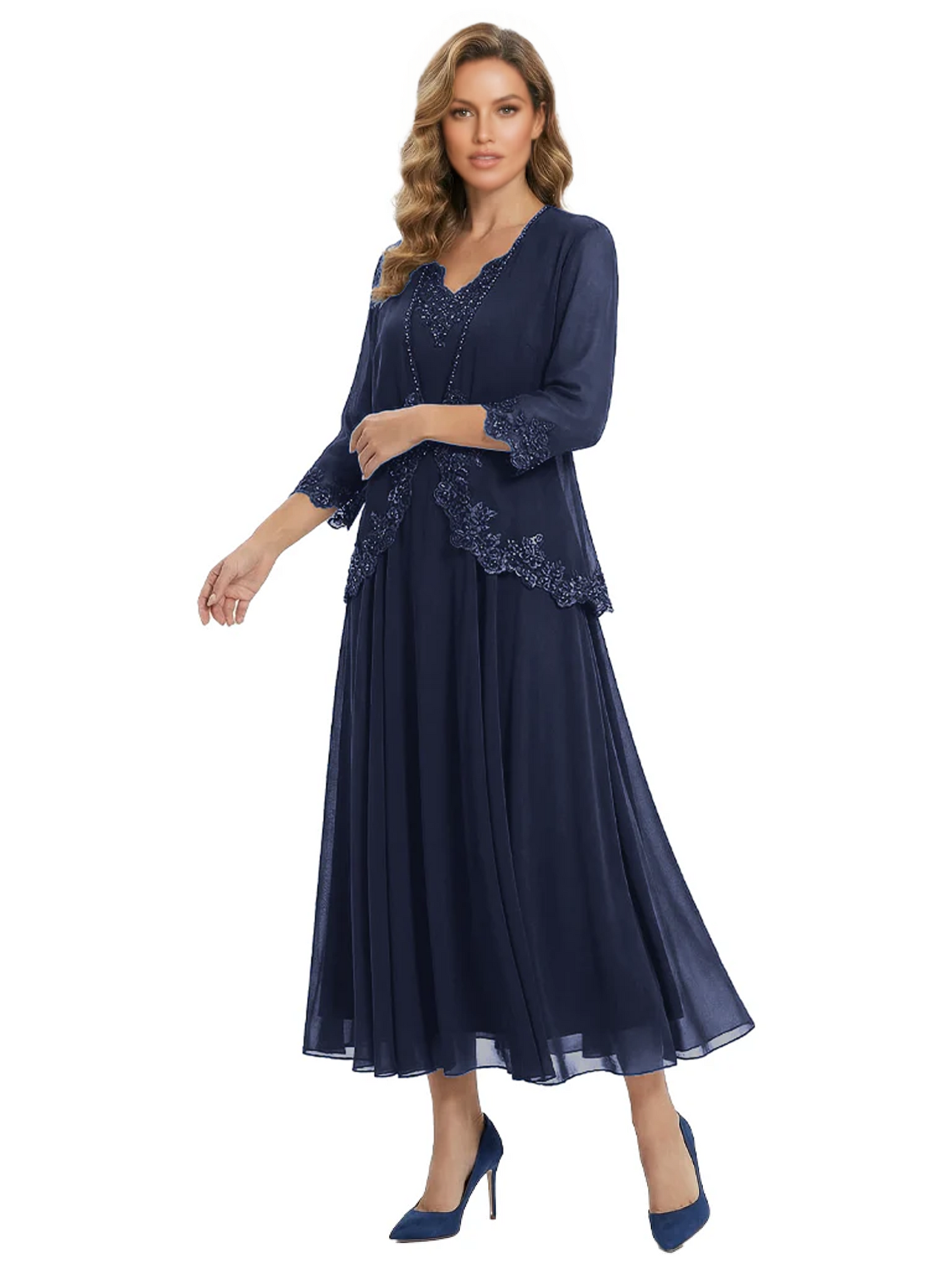 3/4 Sleeve Chiffon Mother of the Brides Dresses V-Neck Wedding Party Gowns