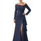 Elegant Mother of the Groom Dress Cascading Ruffle Satin Gown with High Slit Long Sleeves
