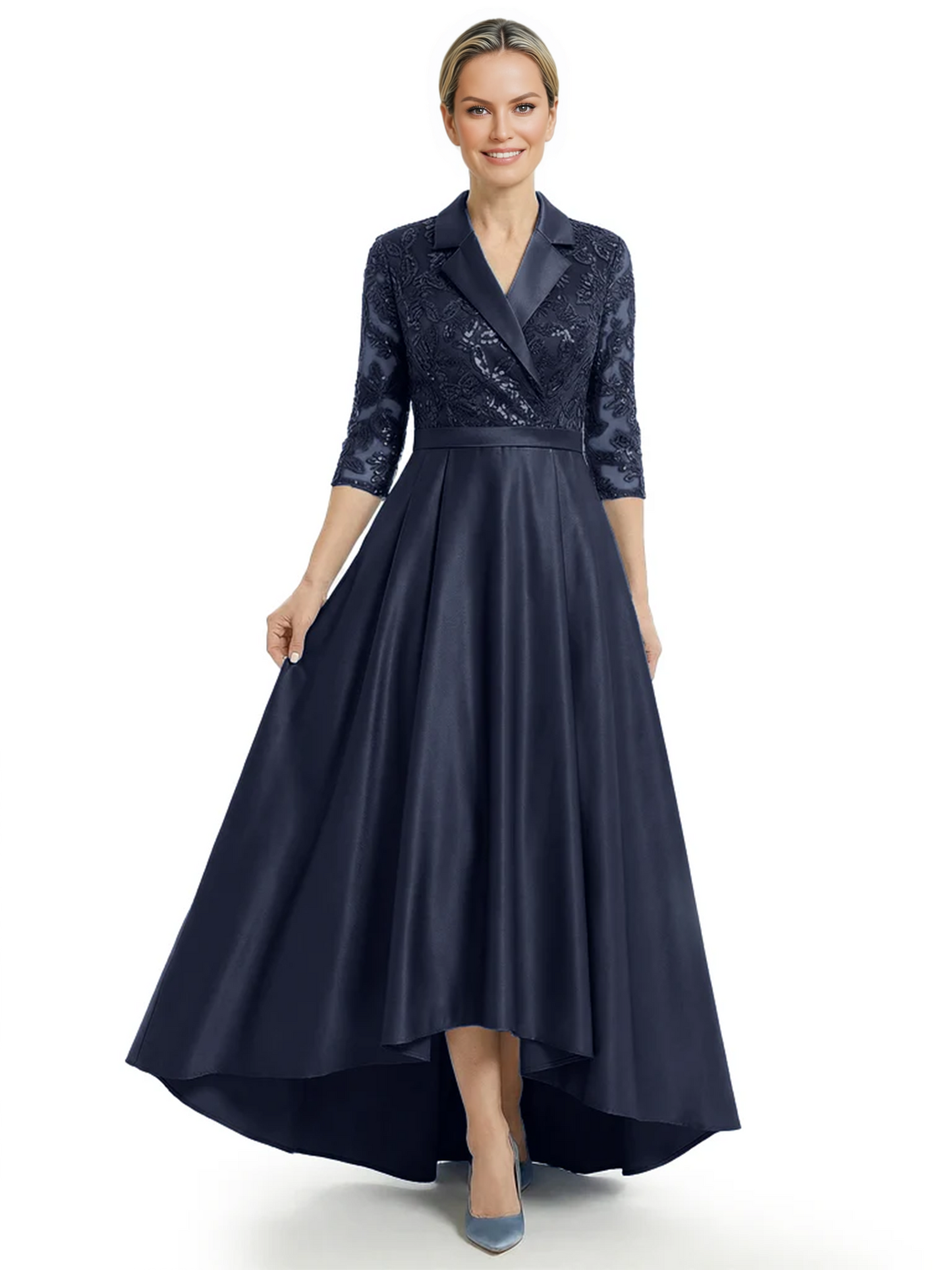 Elegant Mother of Bride Dress Evening Gowns Trending Styles with Lapel Collar 3/4 Sleeves