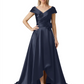 Off Shoulder Mother of the Bride Dress High-Low Satin Gown with Portrait Neckline