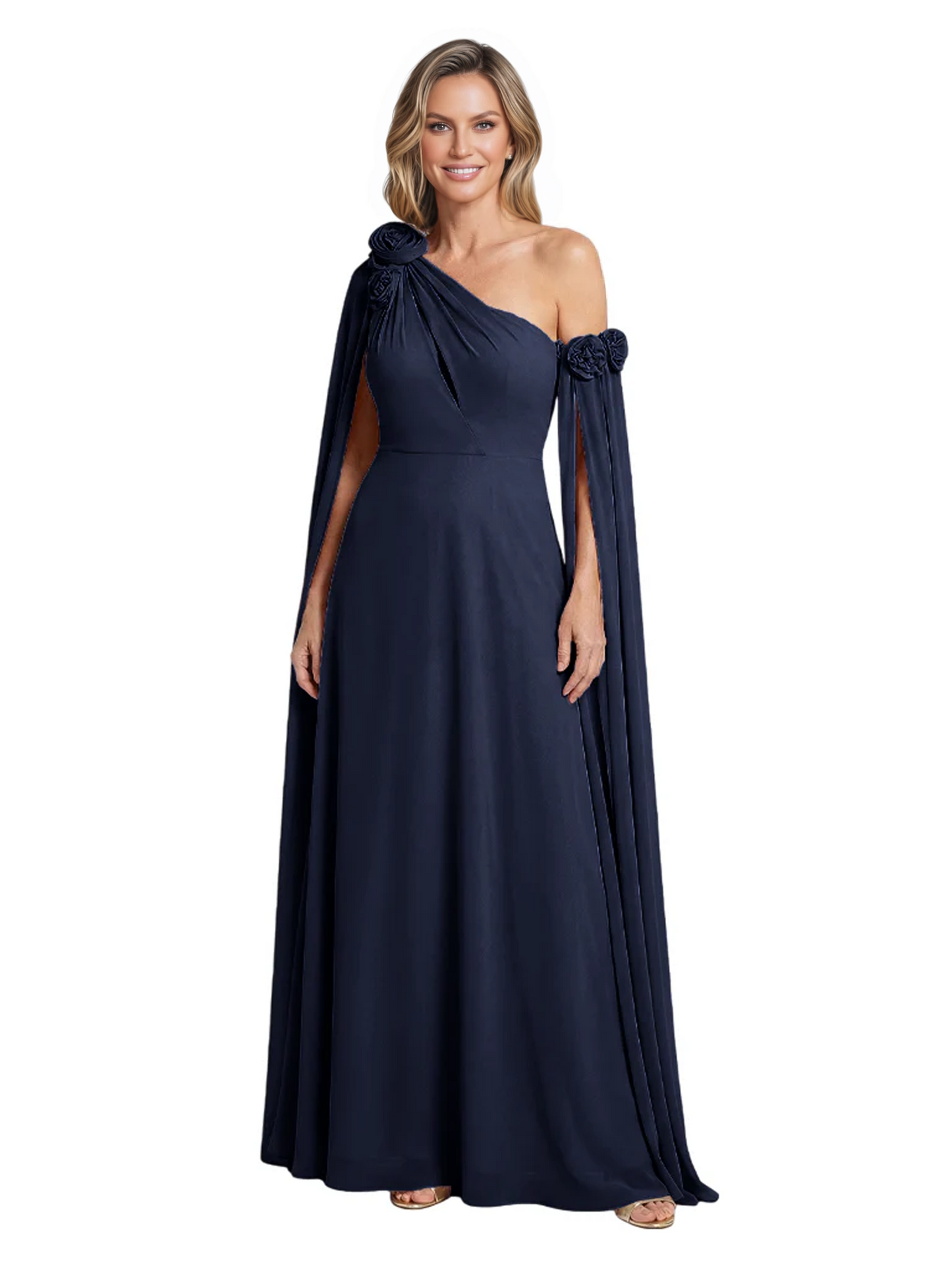 One Shoulder Mother of the Bride Dress Asymmetrical Cape Sleeve Gown with Floral