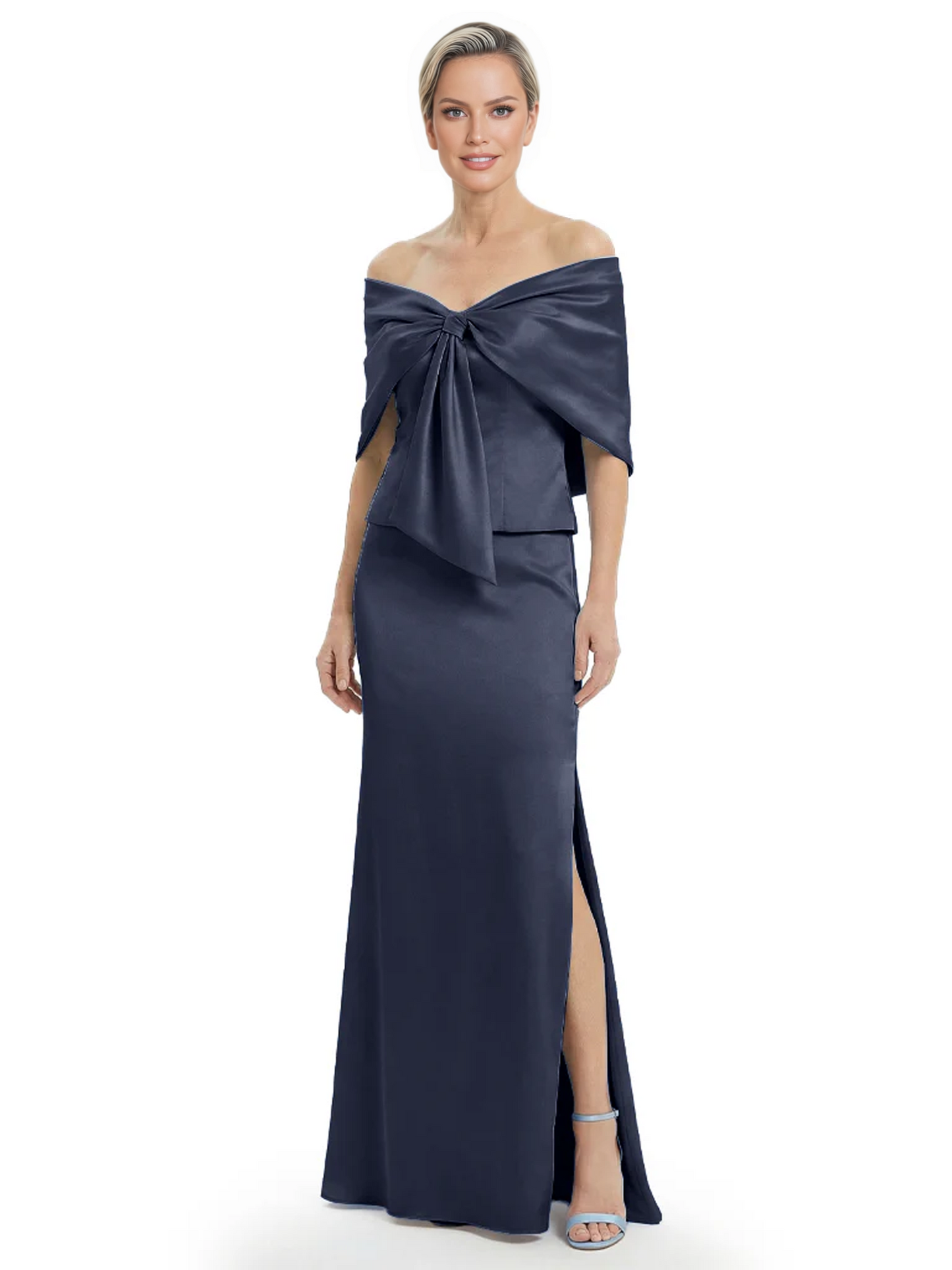 Formal Floor-Length Mother of the Bride Gown Satin Maxi Dress with Bow Neckline