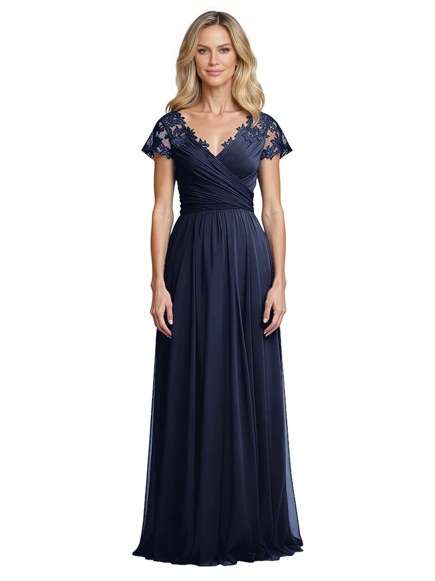 Mother of the Bride Dress Cap Sleeves and V-Neckline with Embroidered Lace Shoulders